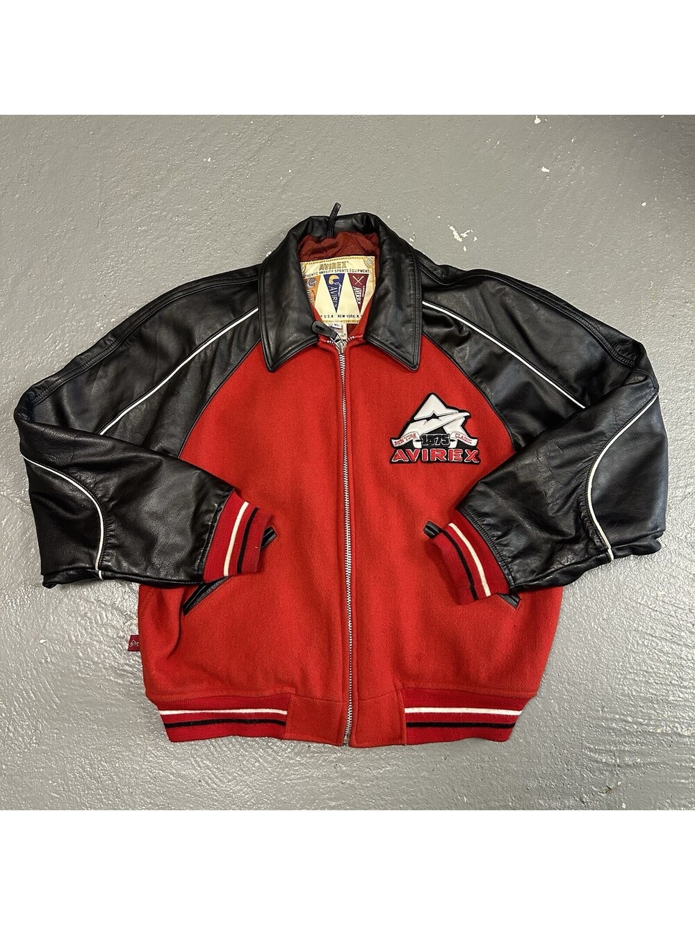 VINTAGE 90s Avirex New York Patch Red Wool Black Leather Varsity Jacket Size XL